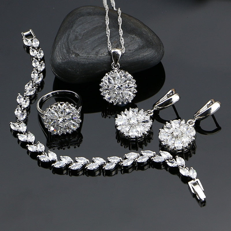 Bride 925 Sterling Silver Jewelry Sets For Women Flower White Crystal Zircon Pendant/Ring/Bracelet /Necklace/Earrings Free Box