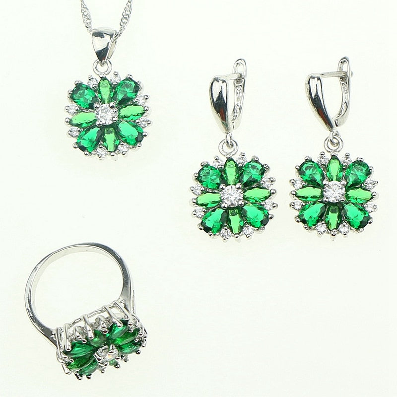  2017 New Style Green Created Emerald Zircon 925 Sterling Silver Jewelry sets For Women Earrings/Pendant/Necklace/Ring Gift Box