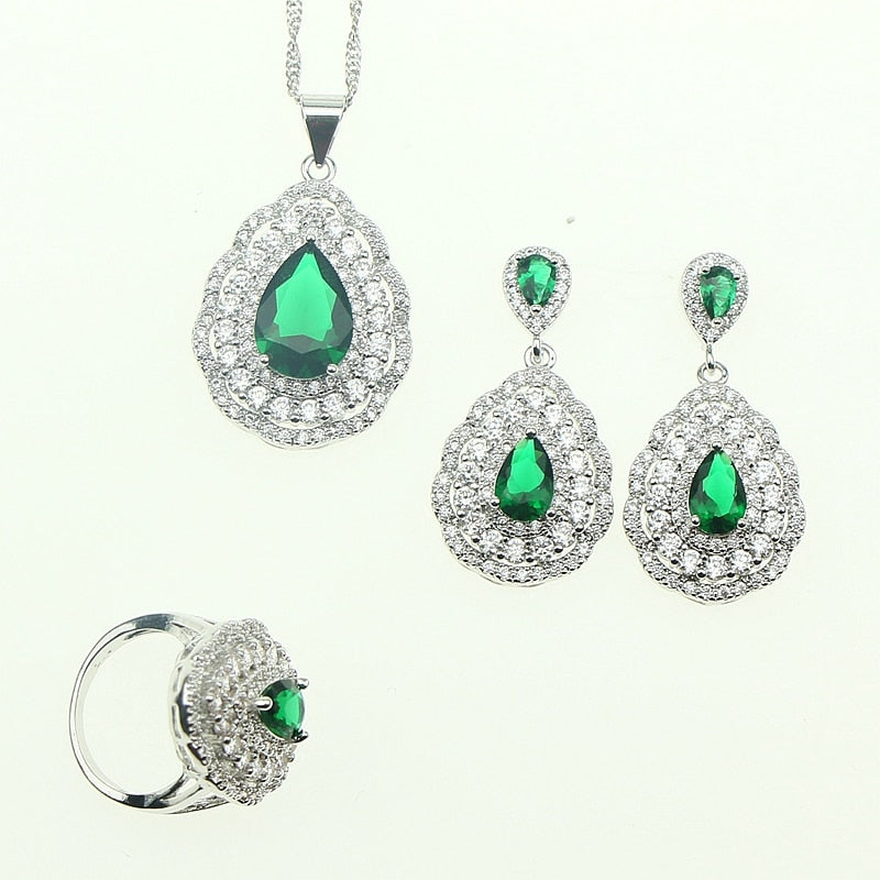 Fashion Women 925 Sterling Silver Jewelery Green Cubic Zirconia Crystal Earrings/Pendant/Necklace/Ring Jewelry Sets 