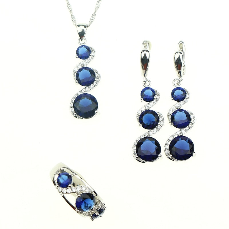 New Women Jewelry Sets 925 Sterling Silver Blue Created Crystal White Zircon Earrings/Pendant/Necklace/Ring Free Gift Box