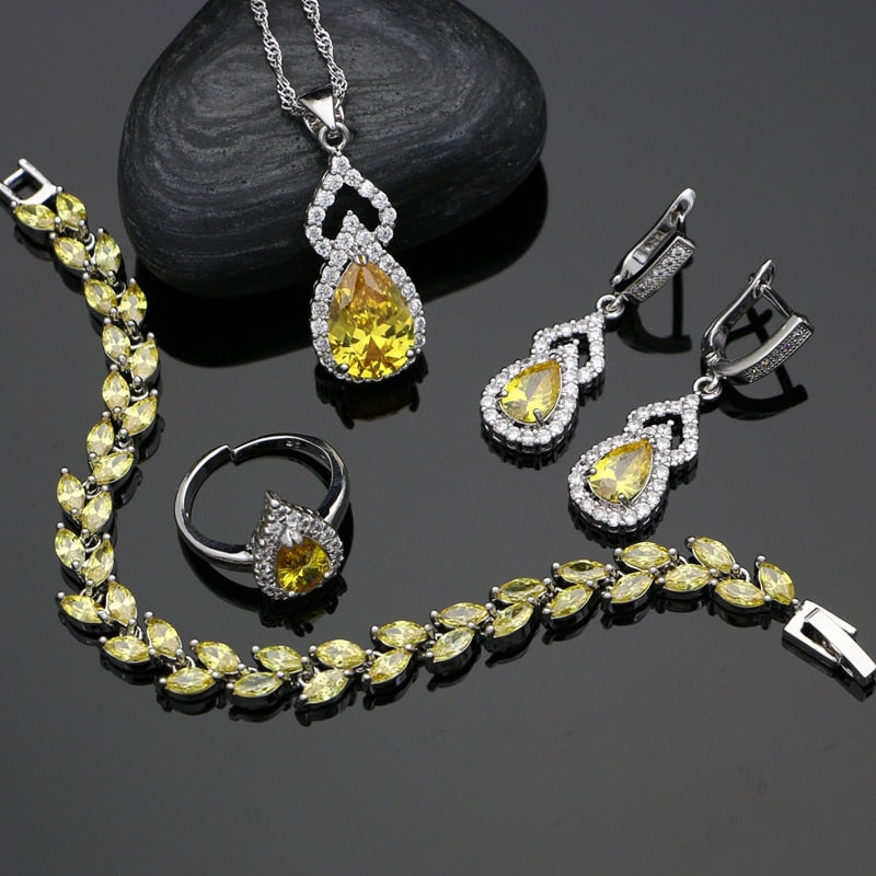 Yellow Zircon 925 Sterling Silver Jewelry Set For Caucasian Wedding With Stone Earrings Open Ring/Bracelet/Pendant/Necklace Set