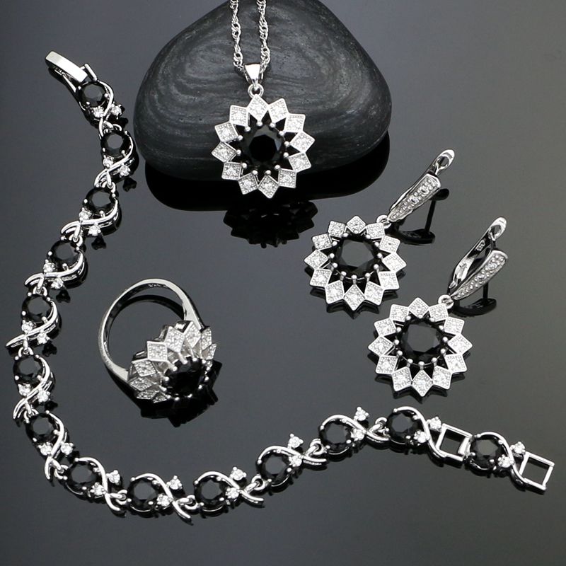 Punk Silver 925 Party Jewelry Sets For Women Black Stone White Cubic Zirconia Earrings/Pendant/Necklace/Ring/Bracelet