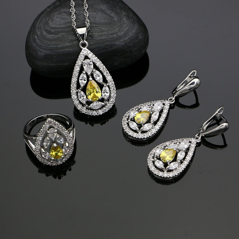 925 Silver Jewelry Yellow AAA+ Cubic Zirconia White Crystal Jewelry Sets Earrings/Pendant/Necklace Set/Ring For Women