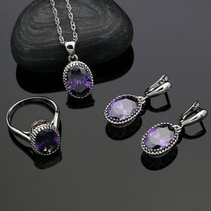 Oval Purple Cubic Zirconia Jewelery 925 Silver Jewelry Sets For Women Wedding Earrings/Rings/Pendant/Necklace Set 