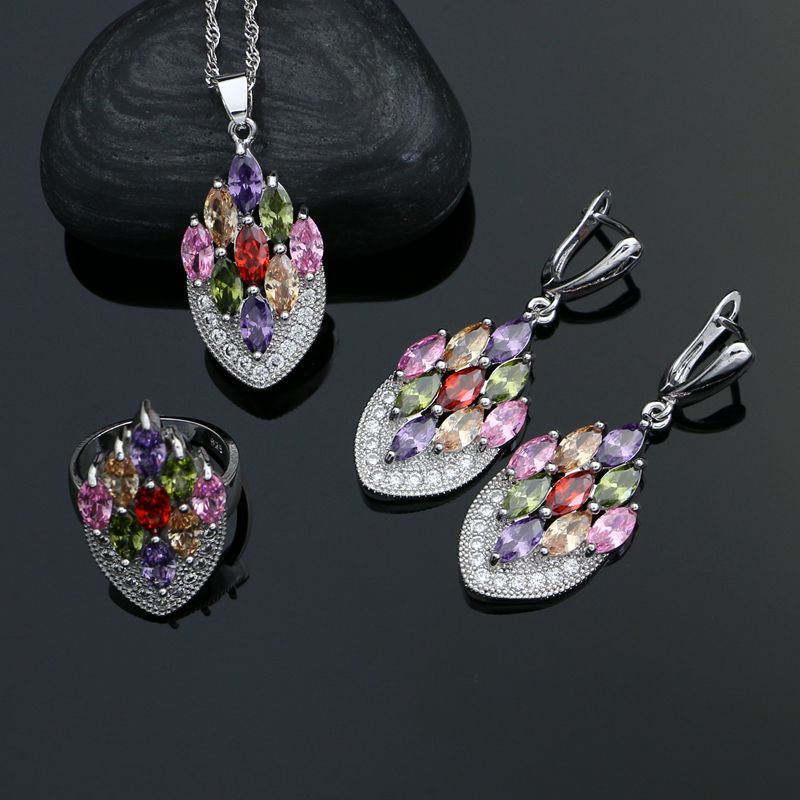 925 Silver Party Jewelry Sets For Women Multicolor Cubic Zirconia White Crystal Earrings/Rings/Pendant/Necklace Set