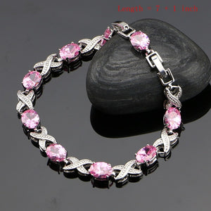 Pink Zircon Stone Anniversary 925 Sterling Silver Jewelry Sets For Women Earrings/Rings/Bracelet/Pendant/Necklace Set