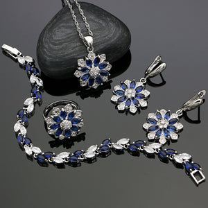  Blue Cubic Zirconia Jewelery 925 Sterling Silver Bride Jewelry Sets Earrings/Pendant/Necklace/Bracelet/Ring For Women