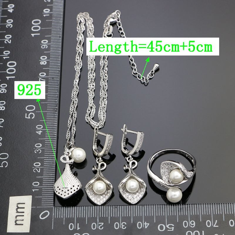 925 Sterling Silver Bridal Jewelry Sets White Pearl Beads Crystal For Women Earrings Pendant Necklace Bracelet Open Ring