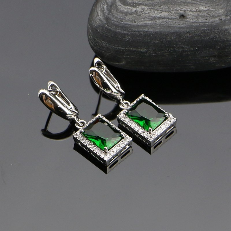  925 Sterling Silver Jewelry Sets Green Cubic Zirconia White Crystal For Women Earrings/Ring/Bracelet/Pendant/Necklace