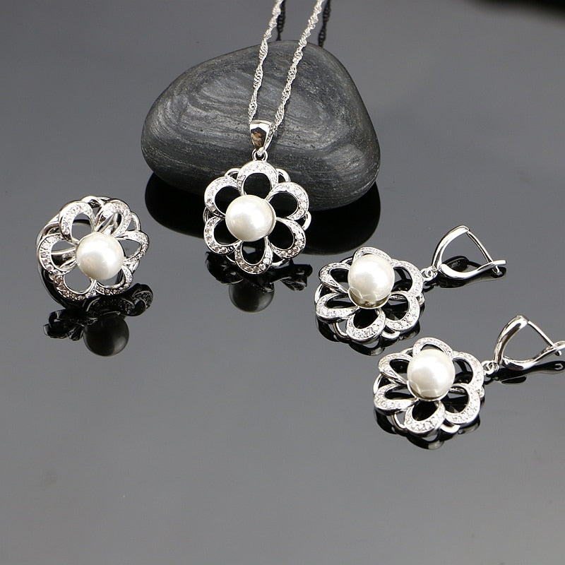 Flower 925 Silver Jewelry Sets Simulated Pearls With White Beads For Women Caucasian Wedding Earrings/Pendant/Ring/Necklace Set