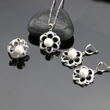 Flower 925 Silver Jewelry Sets Simulated Pearls With White Beads For Women Caucasian Wedding Earrings/Pendant/Ring/Necklace Set