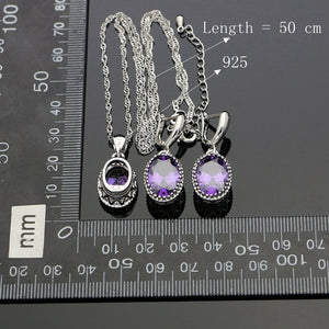 Oval Purple Cubic Zirconia Jewelery 925 Silver Jewelry Sets For Women Wedding Earrings/Rings/Pendant/Necklace Set 