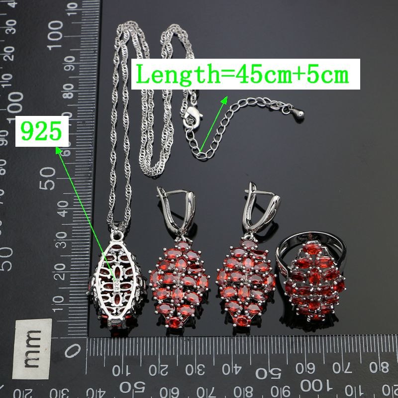 Bridal 925 Silver Wedding Jewelry Sets For Women Red Stones Earrings Ring Necklace Pendant