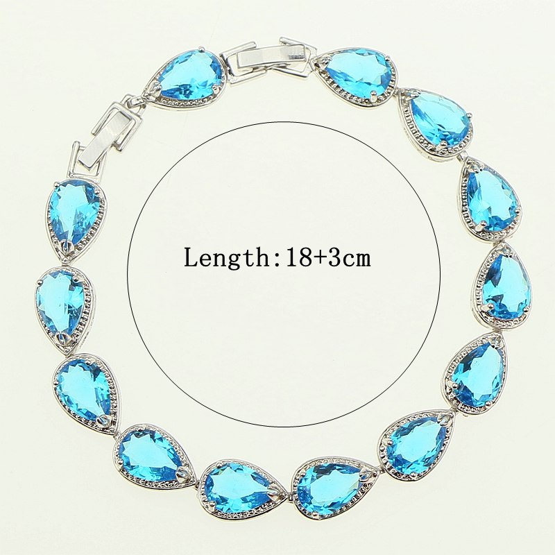 Bridal Water Drop Simulated Sky Blue Created Stone White Zircon Silver Color Link Chain Bracelet For Women Jewelry Free Gift Box