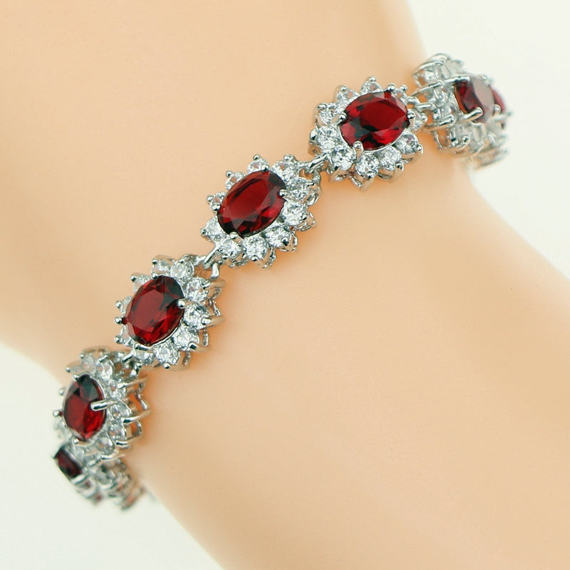 Bridal Top Quality Red Cubic Zirconia White Zircon 925 Sterling Silver 18.5cm Link Chain Bracelets For Women Jewelry 