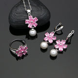 925 Silver Jewelry Sets Freshwater Pearls Pink zircon For Women Wedding Flower Sterling Silver Jewelry Earrings Necklace Set