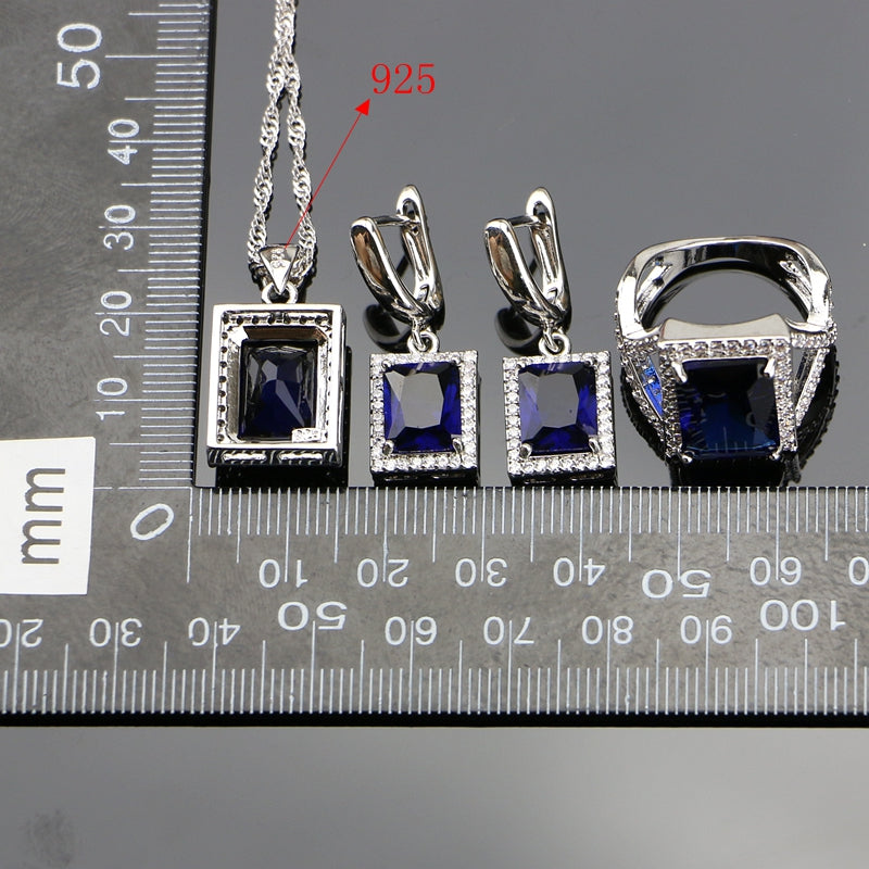 Blue Cubic Zirconia 925 Sterling Silver Jewelry Sets For Women Russian Wedding Earrings/Rings/Bracelet/Pendant/Necklace Set