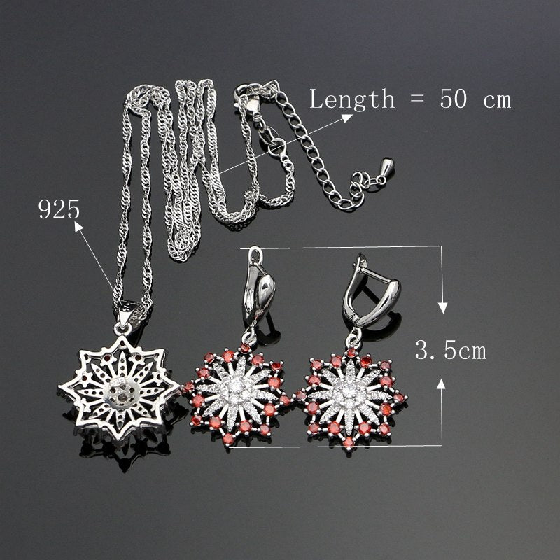 Flower Silver 925 Bridal Jewelry Sets Red Cubic Zirconia Beads Decoration For Women Party Earrings Necklace Set 4PCS