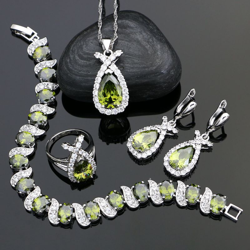 Silver 925 Engagement Jewelry Sets For Women Olive Green Cubic Zirconia White Crystal Earrings/Ring/Bracelet/Necklace/Pendant