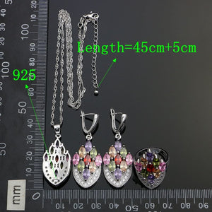 925 Sterling Silver Bridal Jewelry Sets For Women Multicolor Cubic Zirconia Earrings/Pendant/Necklace/Ring/Bracelet Set