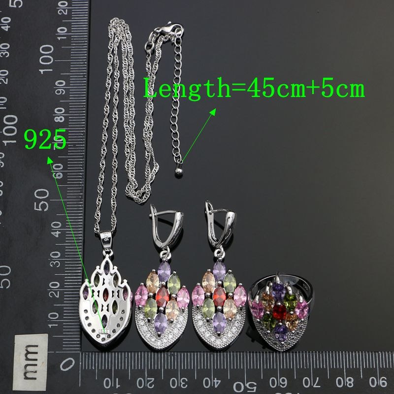 925 Sterling Silver Bridal Jewelry Sets For Women Multicolor Cubic Zirconia Earrings/Pendant/Necklace/Ring/Bracelet Set