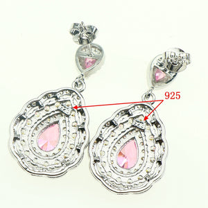 Fashion Women Sterling Silver 925 Jewelery Pink Cubic Zirconia Crystal Earrings/Pendant/Necklace/Ring Jewelry Sets 