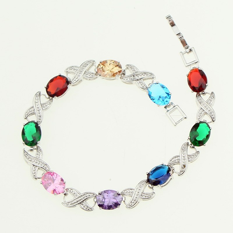 Multicolor Multigem Cubic Zirconia jewelry 925 Sterling Silver Jewelry Link Chain Bracelet Length 18.5cm Free Gift Box