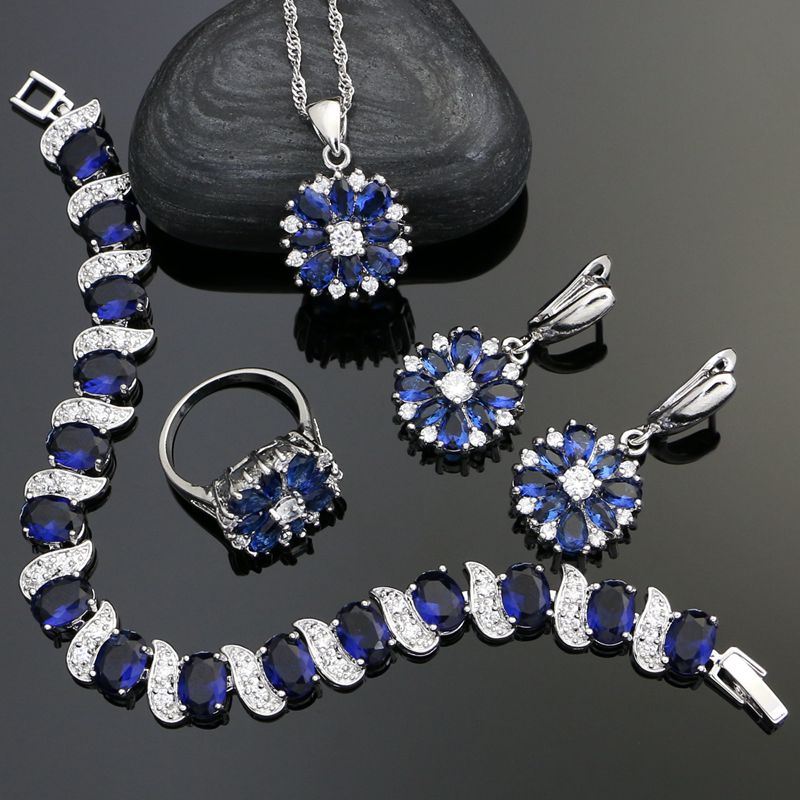 925 Silver Party Jewelry Sets For Women Decoration Blue And White Cubic Zirconia Earrings/Ring/Bracelet/Necklace/Pendant Set