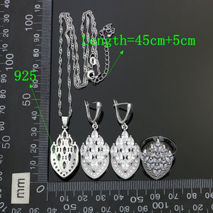 Classic 925 Sterling Silver Jewelry Sets For Bride Wedding Decoration White Crystal Earrings Ring Necklace Pendant Set