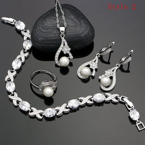 Flower Cubic Zirconia Silver 925 Jewelry Freshwater Pearls Jewelry Sets For Women Wedding Earrings With Stone Pearl Necklace Set