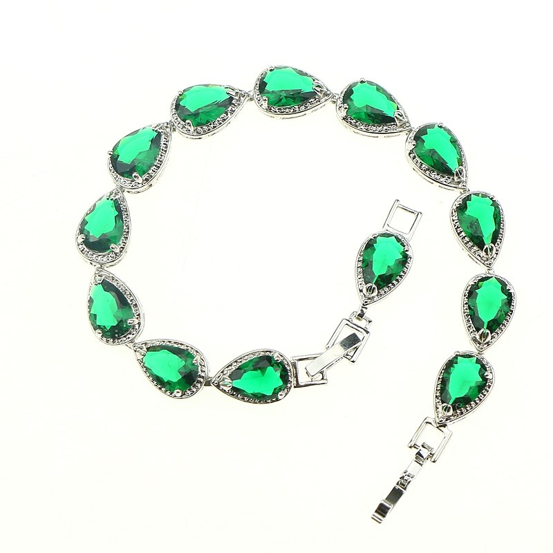 Water Drop Simulated Green CZ Jewelery 925 Sterling Silver Jewelry Link Chain 18cm 21cm Bracelet For Women Free Gift Box
