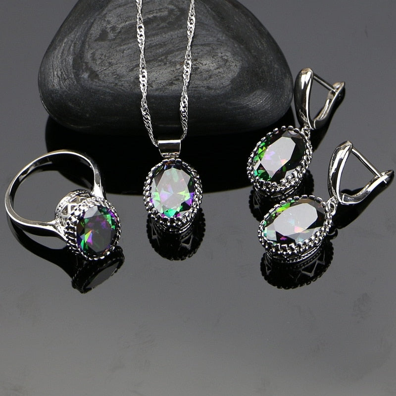 Bride 925 Sterling Silver Jewelry Mystic Rainbow Fire Cubic Zirconia Jewelry Sets For Women Earrings/Pendant/Necklace/Ring Gift