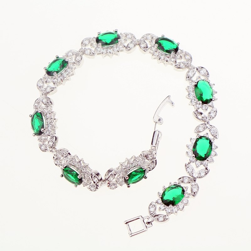 Noble Green Natural Gem Stone White Zircon 925 sterling-silver-jewelry Link Chain Bracelet 19cm For Women Wedding Free Gift Box