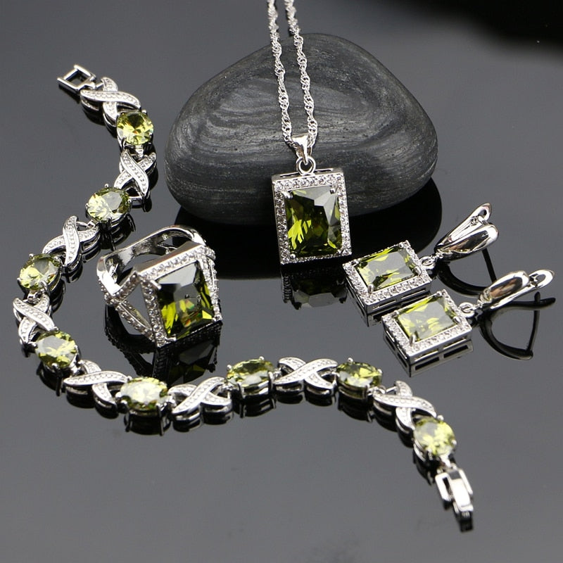  925 Sterling Silver Bridal Jewelry Olive Green Zircon Jewelry Sets For Women Wedding Earrings/Pendant/Necklace/Ring/Bracelet