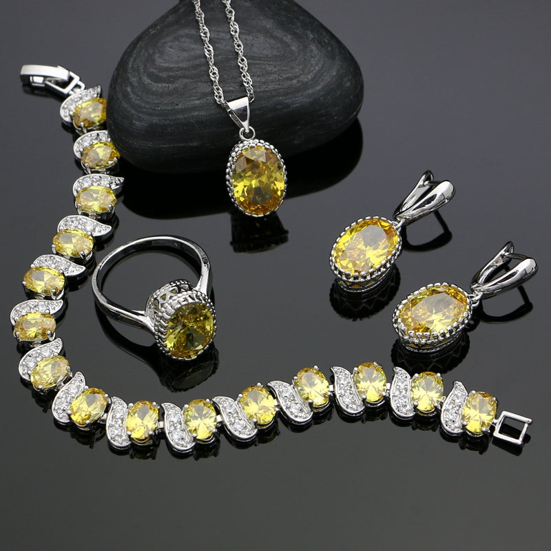 Golden Yellow Crystal Zircon Created 925 Sterling Silver Jewelry Sets For Women Earrings/Ring/Bracelet/Necklace/Pendant Free Box