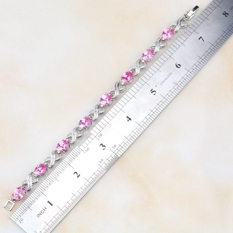 Bridal Captivating Pink Powder Crystal White Zircon Created 925 Sterling Silver Jewelry Link Chain Bracelet 18.5cm Free Gift Box