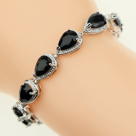 Water Drop Black Stone White Zircon Created 925 Sterling Silver Jewelry Link Chain 18 21cm Bracelet For Women Jewelry Free Box