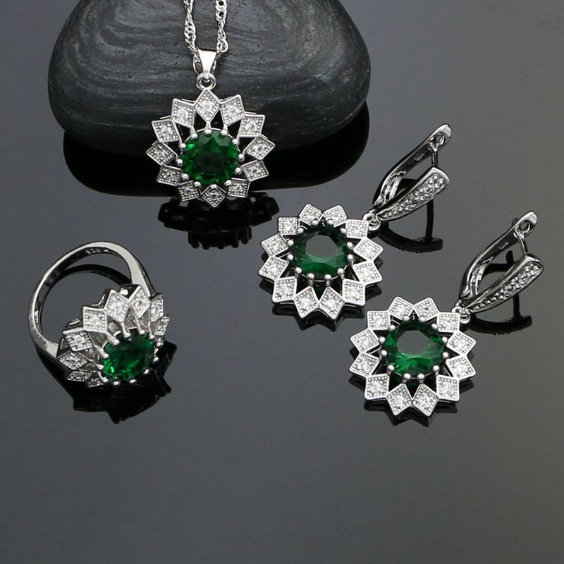 925 Sterling Silver Jewelry Sets For Bride Natural Green Cubic Zirconia White Crystal Earrings Ring Necklace Pendant