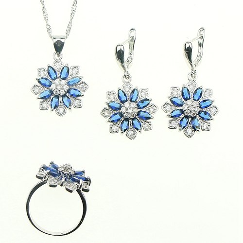 Charming Flower Blue Cubic Zirconia 925 Sterling Silver Bride Jewelry Sets Wedding Earrings/Pendant/Necklace For Women Gift Box