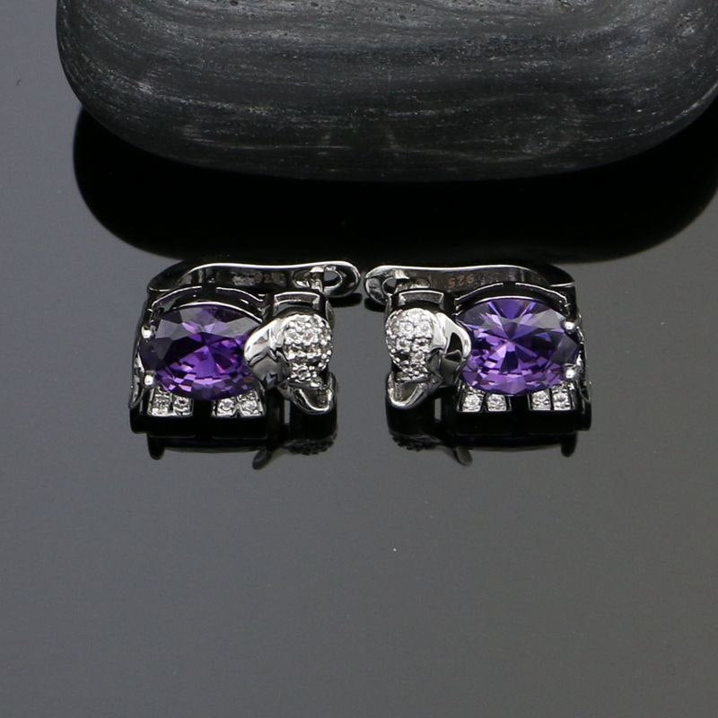 Animal Elephant Shaped Silver 925 Jewelry Sets For Women Purple CZ White Crystal Earrings/Pendant/Ring/Bracelet/Necklace Set