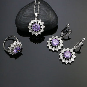 Wedding Decoration 925 Sterling Silver Jewelry Sets For Bride Purple Stone Cubic Zirconia Earrings Ring Necklace Pendant Set