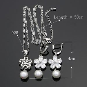 Flower Silver 925 Jewelry White Cubic Zirconia Freshwater Pearls Jewelry Sets For Women Wedding 4PCS Pearl Necklace Set