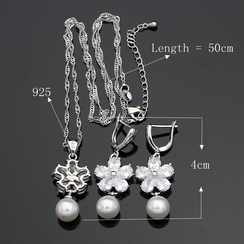 Flower Silver 925 Jewelry White Cubic Zirconia Freshwater Pearls Jewelry Sets For Women Wedding 4PCS Pearl Necklace Set