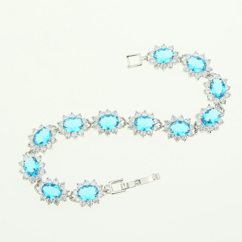 Bridal Sky Blue Cubic Zirconia Hand Spanners Bracelet For Women925 Sterling Silver Jewelery Link Chain 18.5cm Bracelets Free Box