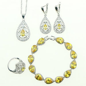 Silver 925 Jewelry Yellow Cubic Zirconia White Crystal  Jewelry Sets Earrings/Pendant/Necklace/Ring/Bracelet For Women