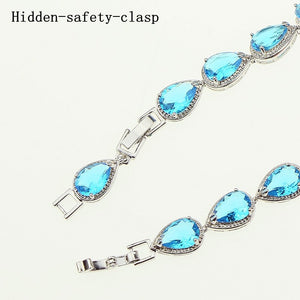 Bridal Water Drop Simulated Sky Blue Created Stone White Zircon Silver Color Link Chain Bracelet For Women Jewelry Free Gift Box