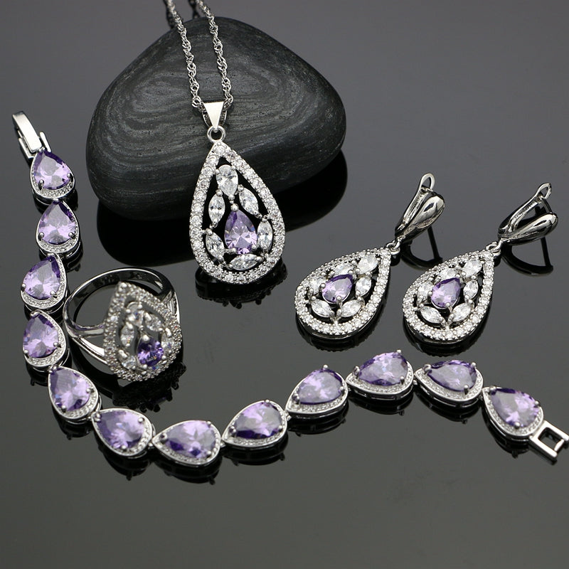 Silver 925 Jewelry Sets Purple Cubic Zirconia White Crystal Earrings/Pendant/Ring/Bracelet/NecklaceSets For Women