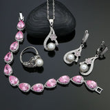 Silver 925 Jewelry Sets Pink Flower White Pearl Beads For Women Party Accessories Earrings Pendant Necklace Bracelet Ring