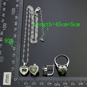 Heart Shaped 925 Silver Jewelry Sets For Women Party Accessories Olive Green Stone White Crystal Earrings Ring Necklace Pendant