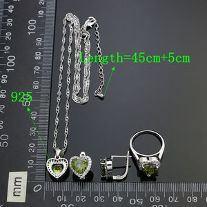 Heart Stones 925 Sterling Silver Jewelry Sets For Women Olive Green White Cubic Zirconia Earrings/Pendant/Necklace/Ring/Bracelet